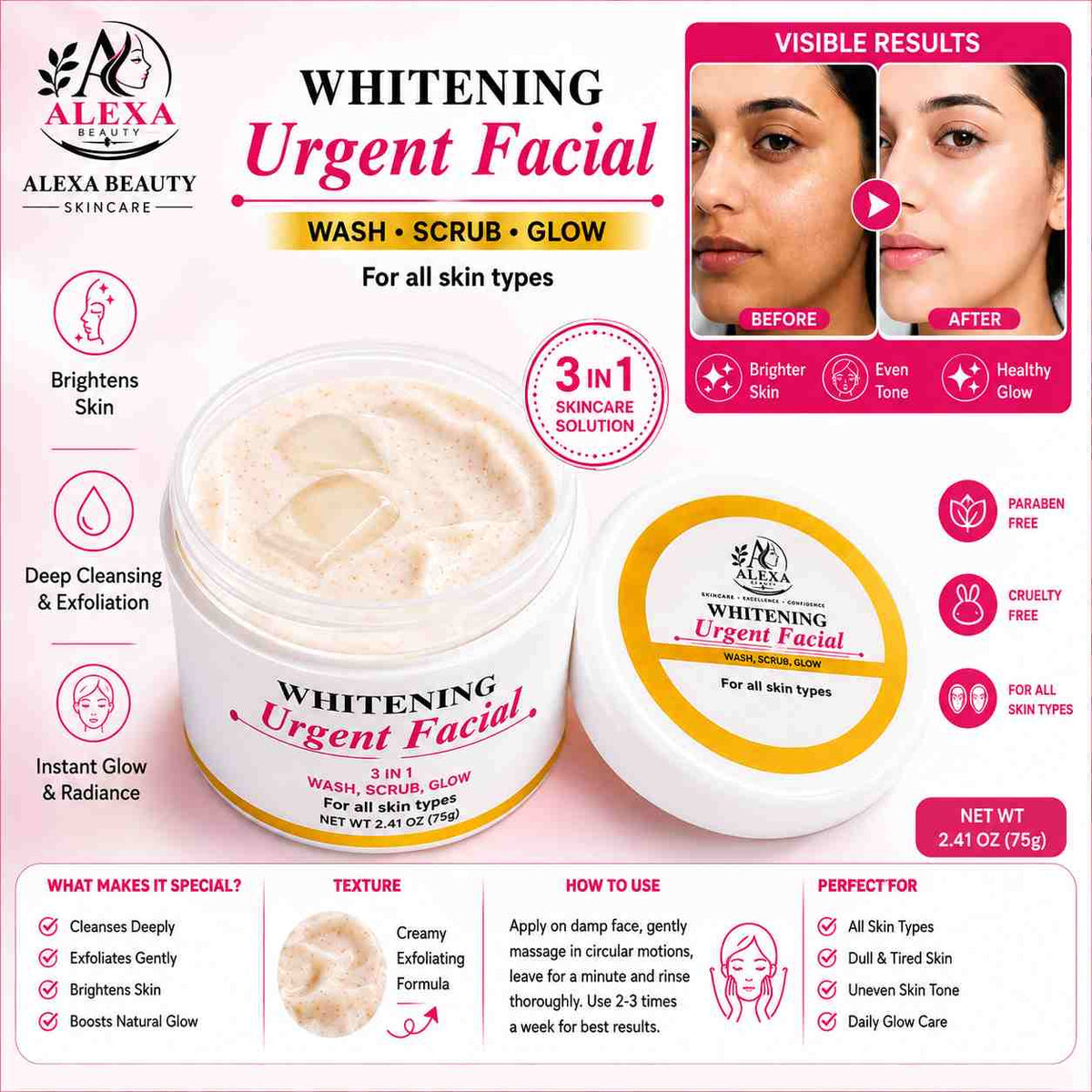 3-in-1 Whitening Facial – Wash, Scrub & Glow